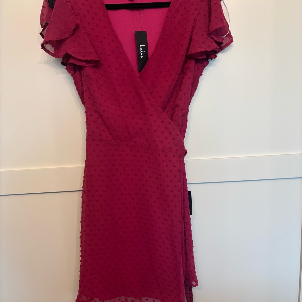 Lulus Pink Flutter Sleeve Wrap Spring Mini Dress- size S NWT